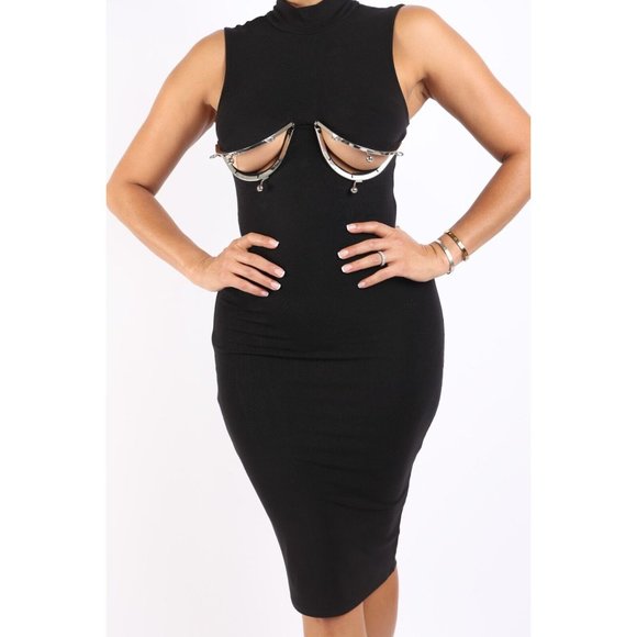 Women's Sexy Twist Closure Pouch Wire Trim Midi Dress Bodycon Sleeveless Club - Picture 6 of 10